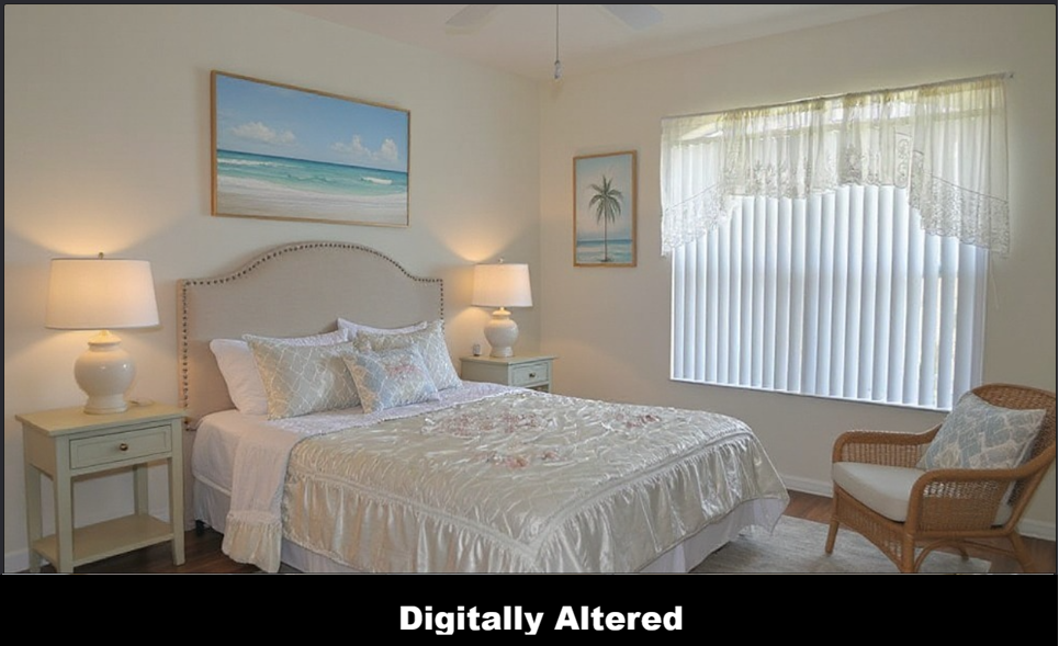 The same bedroom virtually staged with a bed, nightstands, lamps, artwork and a chair